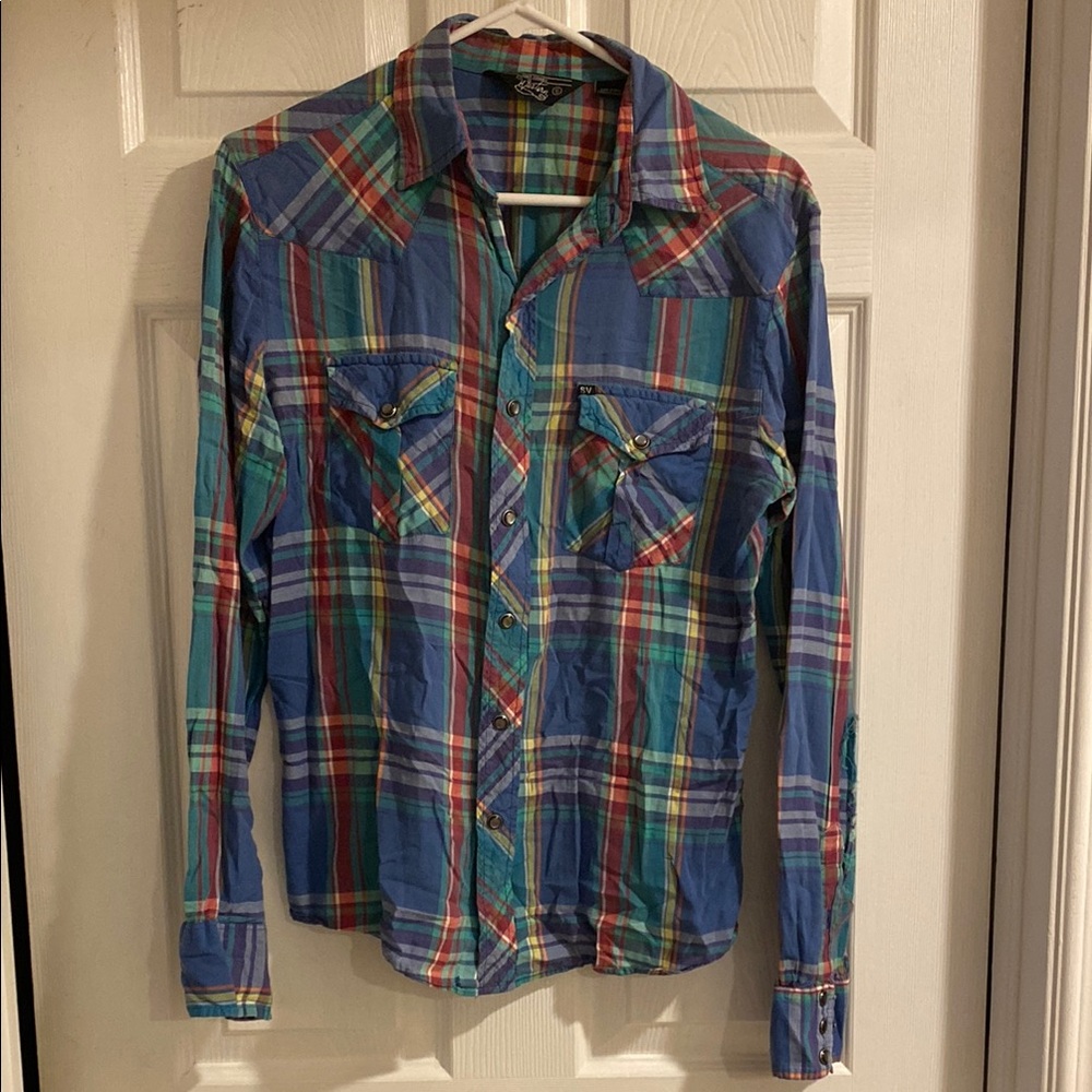 Salt Valley Western Colorful Plaid Snap Button-Up Shirt Men’s S